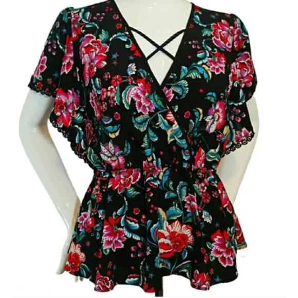 Monteau Tops - Monteau Floral Top Shirt Lace Trim Elastic Waist Blouse Medium Multi Color